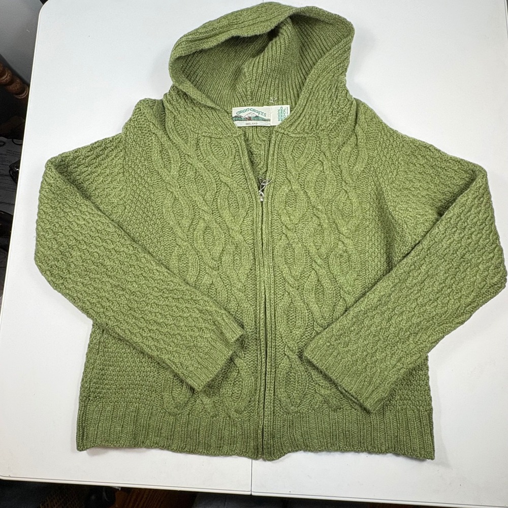 Aran Crafts Ireland Green 100% Merino Wool Cable Knit Zip Up Hooded Sweater‎
